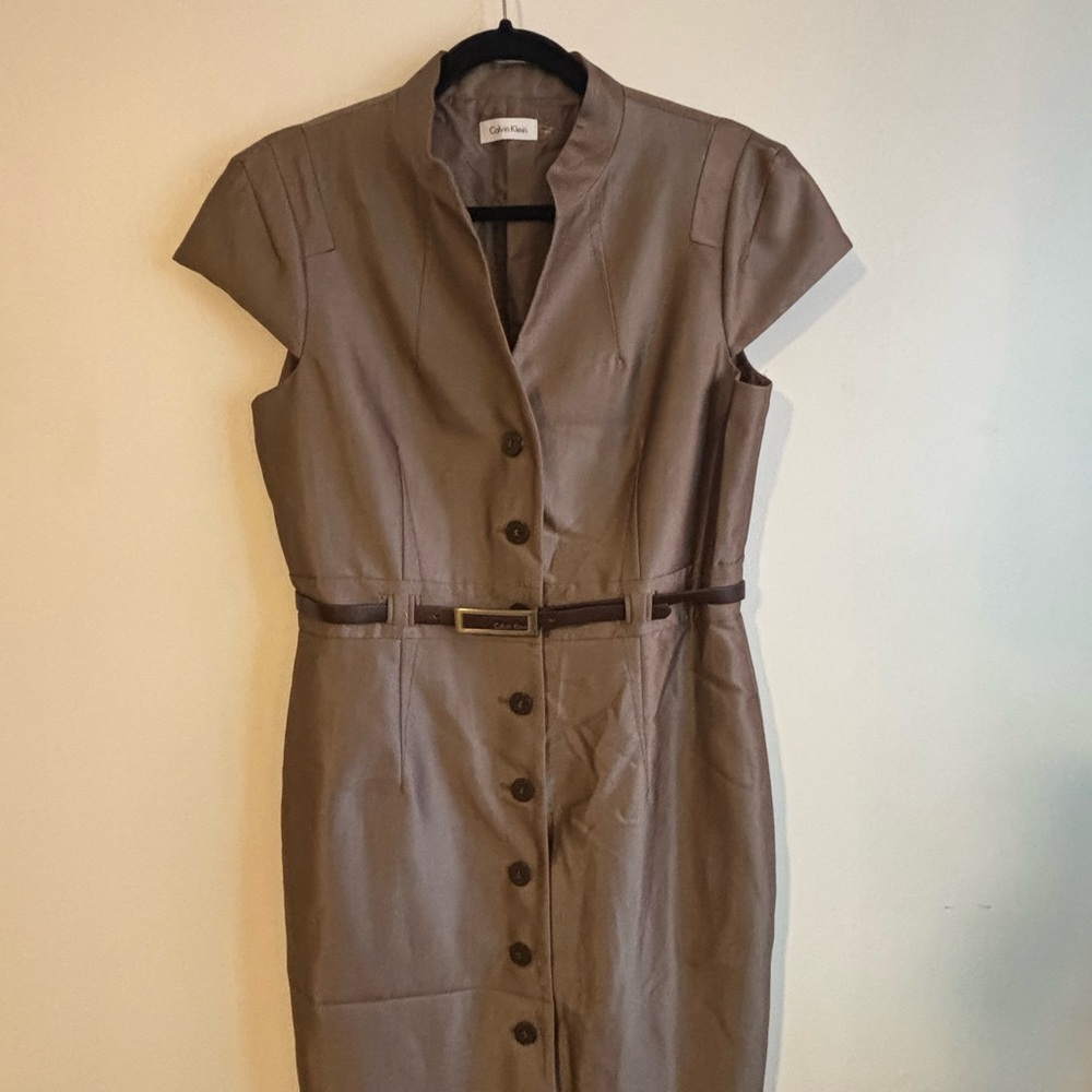 Calvin Klein Brown Sheath Dress with Mandarin Collar